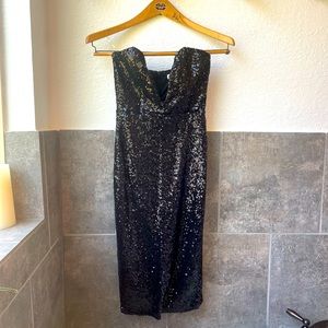 Strapless black sequin mid-length party dress